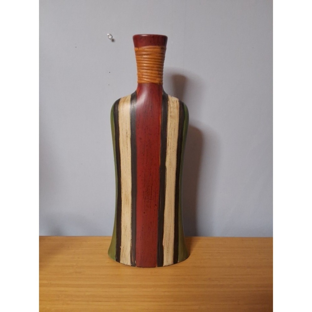 17" Tall Striped Ceramic Vase/Decor With Bamboo Wrapped Neck.